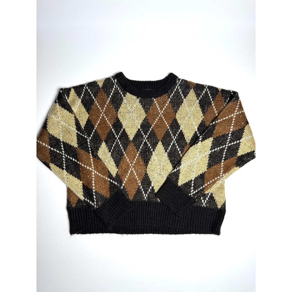 Forever 21 Womens Argyle Crew Neck Sweater Brown Tan Black Size S